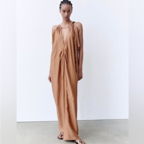 NWT • ZARA • STUNNING Lightweight Billowy Maxi Dress with Black Beaded Trim - Picture 9 of 11